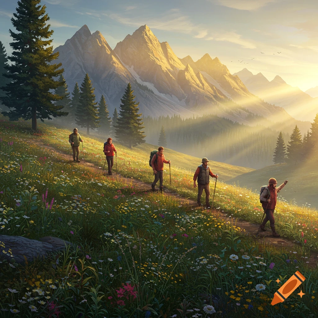 Five hikers traverse a winding trail through a vibrant wildflower meadow with majestic, sunlit mountains in the background.
