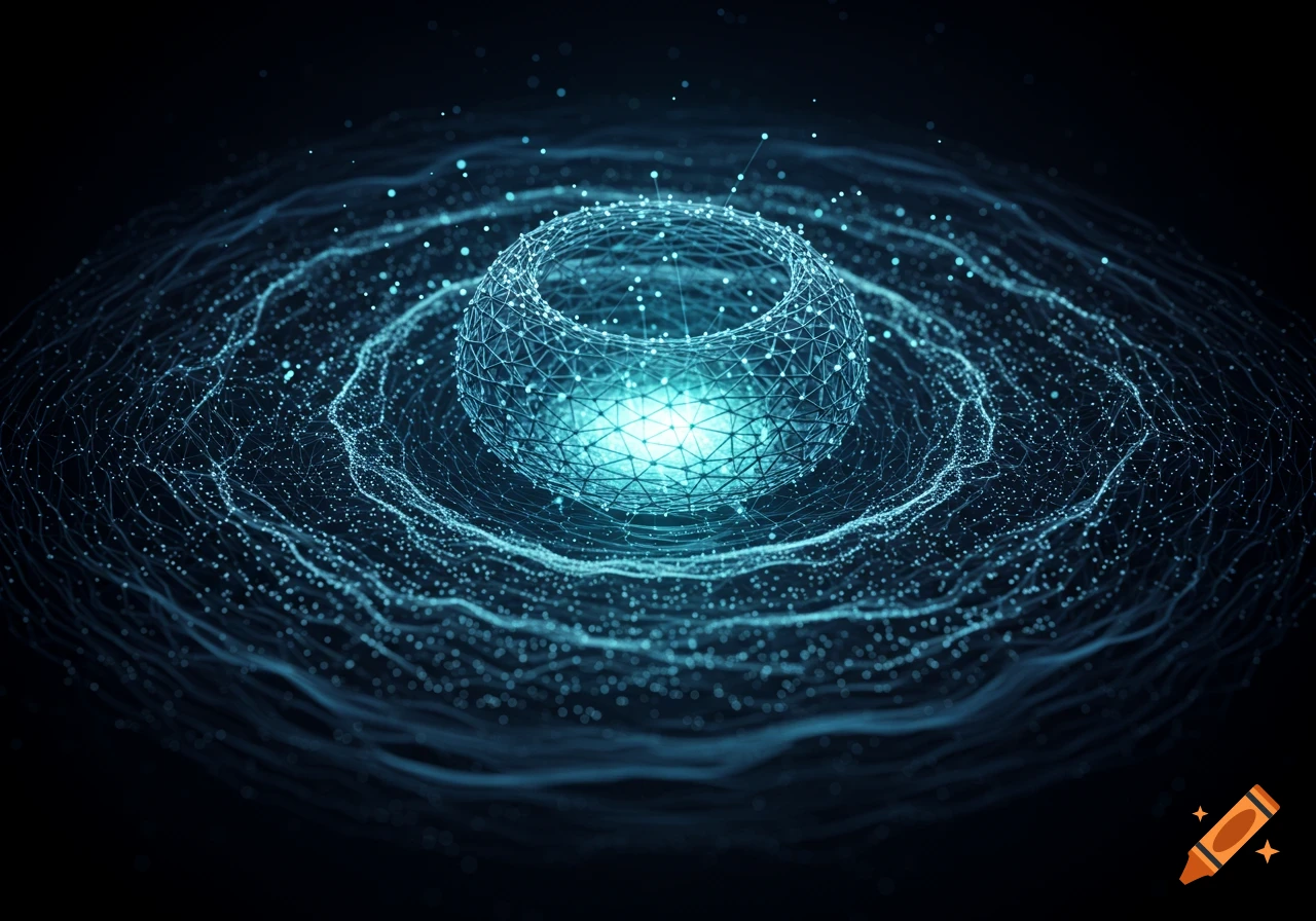 A glowing blue wireframe torus surrounded by radiating waves of blue particles on a dark background, an abstract neural network visualization.