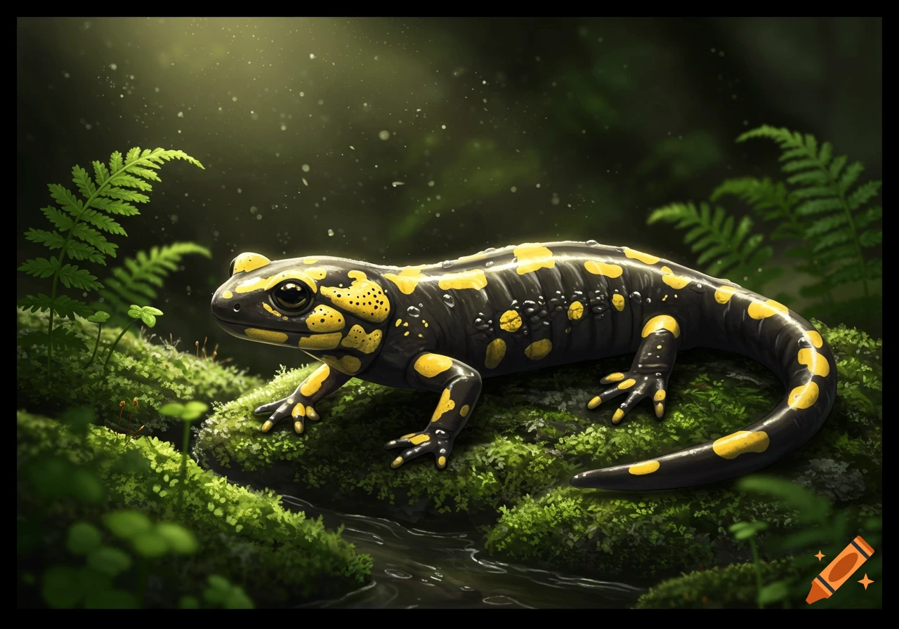 A black and yellow spotted salamander sits on moss next to a small stream in a lush forest.