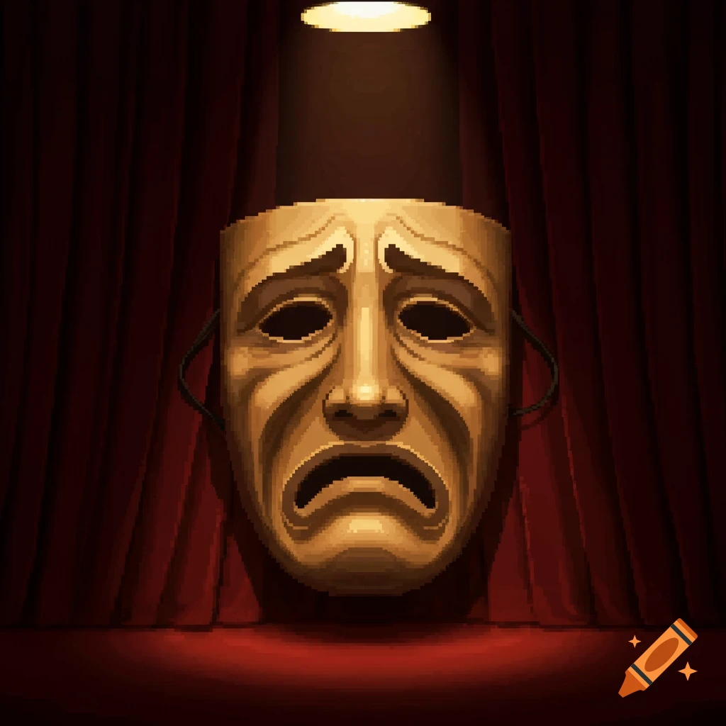 A golden pixel art sad theatre mask centered on a stage with red curtains under a spotlight.