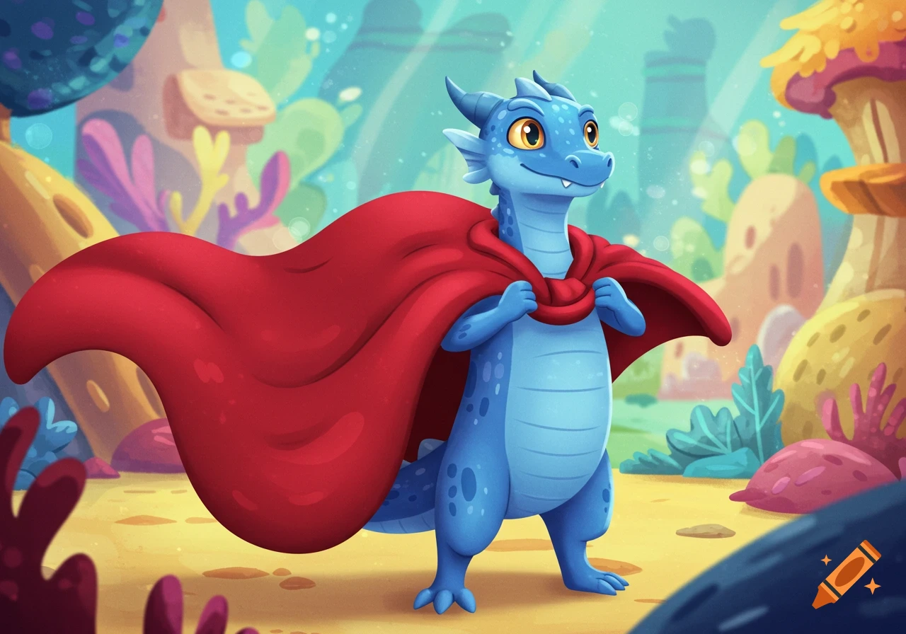 A cute blue dragon character with a red cape stands in a colorful underwater-like fantasy landscape, depicted in a 2D cartoon style.