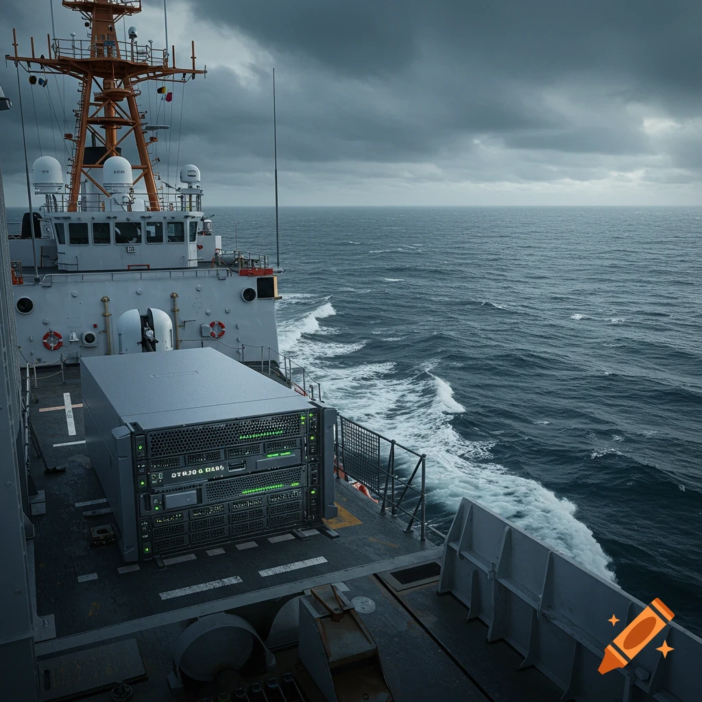 Photorealistic view from the deck of a US Coast Guard Cutter with a large server unit, sailing on choppy seas under a cloudy sky.