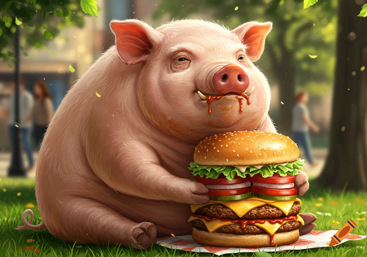 A happy, plump pig with tusks sits in green grass, holding a large double cheeseburger with sauce dripping from its mouth.
