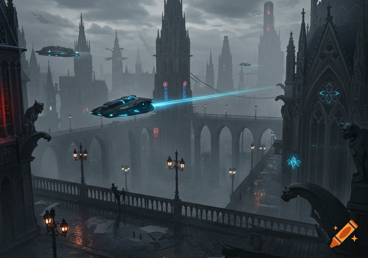 A dark, foggy futuristic gothic city with ornate buildings, arched bridges, and glowing flying vehicles, with a person on a wet street.
