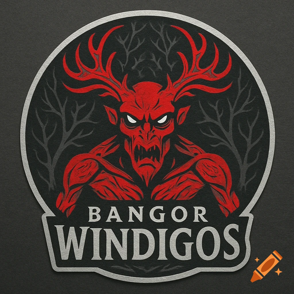 A round logo with an angry red horned monster, glowing eyes, and bare tree branches against a dark background, with the text 'BANGOR WINDIGOS' below.