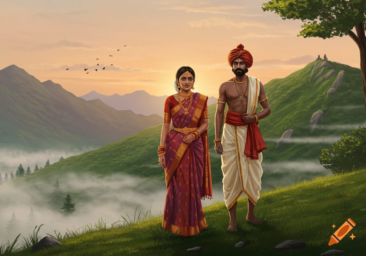 A young South Indian couple in traditional attire stands on a lush green mountain slope at sunrise, with misty valleys and distant peaks.