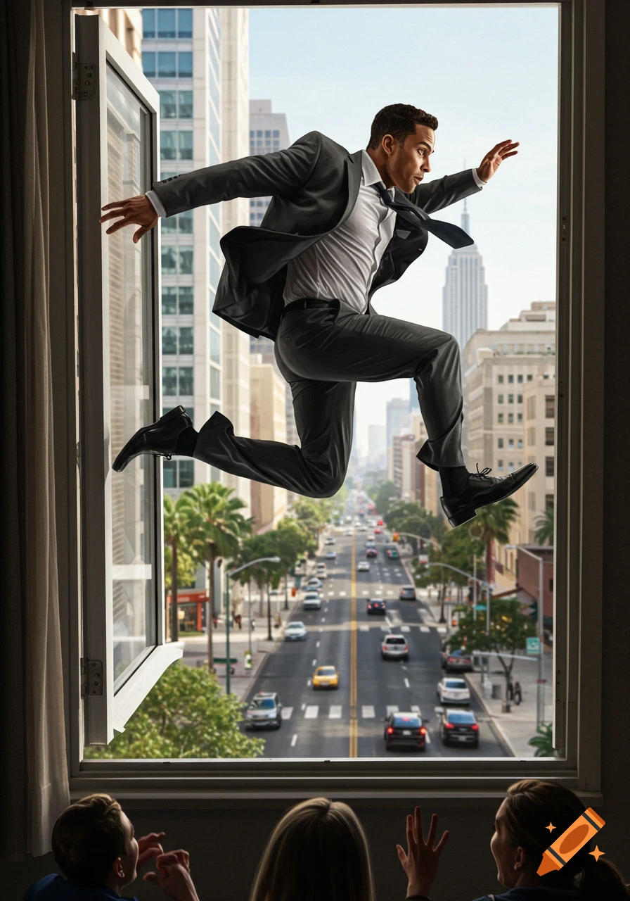 A man in a suit jumps from a high-rise window into a city street view below, as two people inside look on.