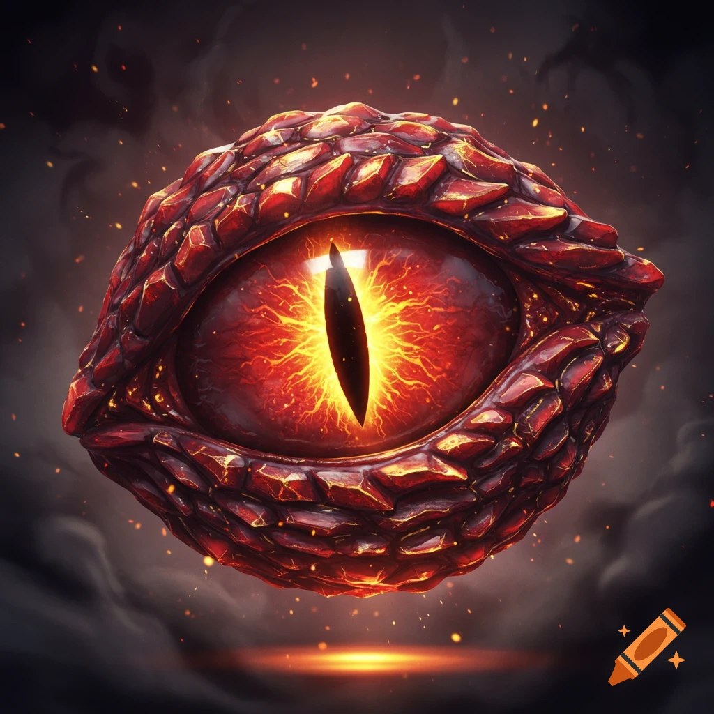 A detailed glowing red dragon eye with a vertical pupil, surrounded by red scales, against a dark, smoky background with embers.