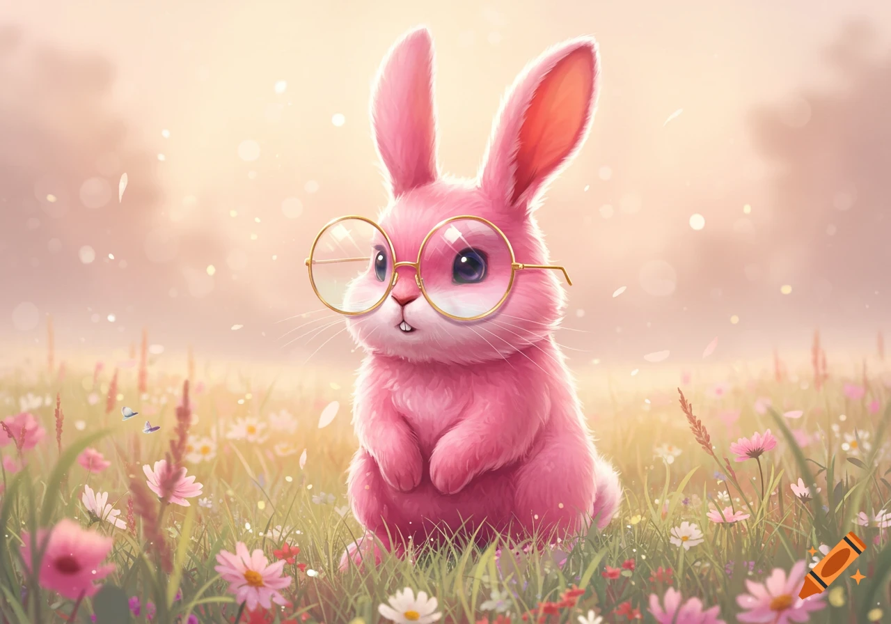 A cute pink bunny wearing round glasses sits among pink and white flowers in a sunny field, in an illustrative style.