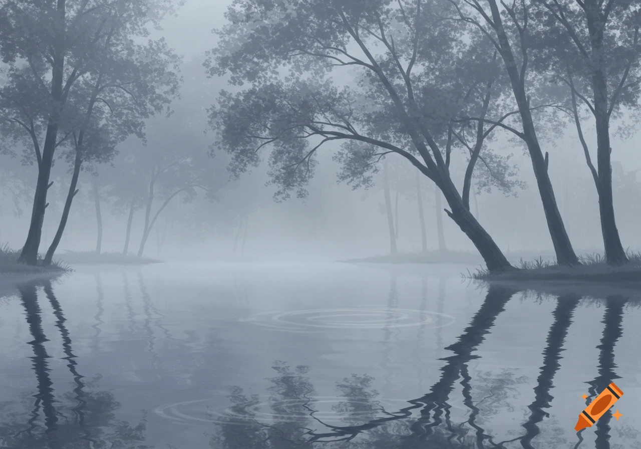 Misty, monochromatic landscape with bare trees reflected in calm water, ripples on the surface.