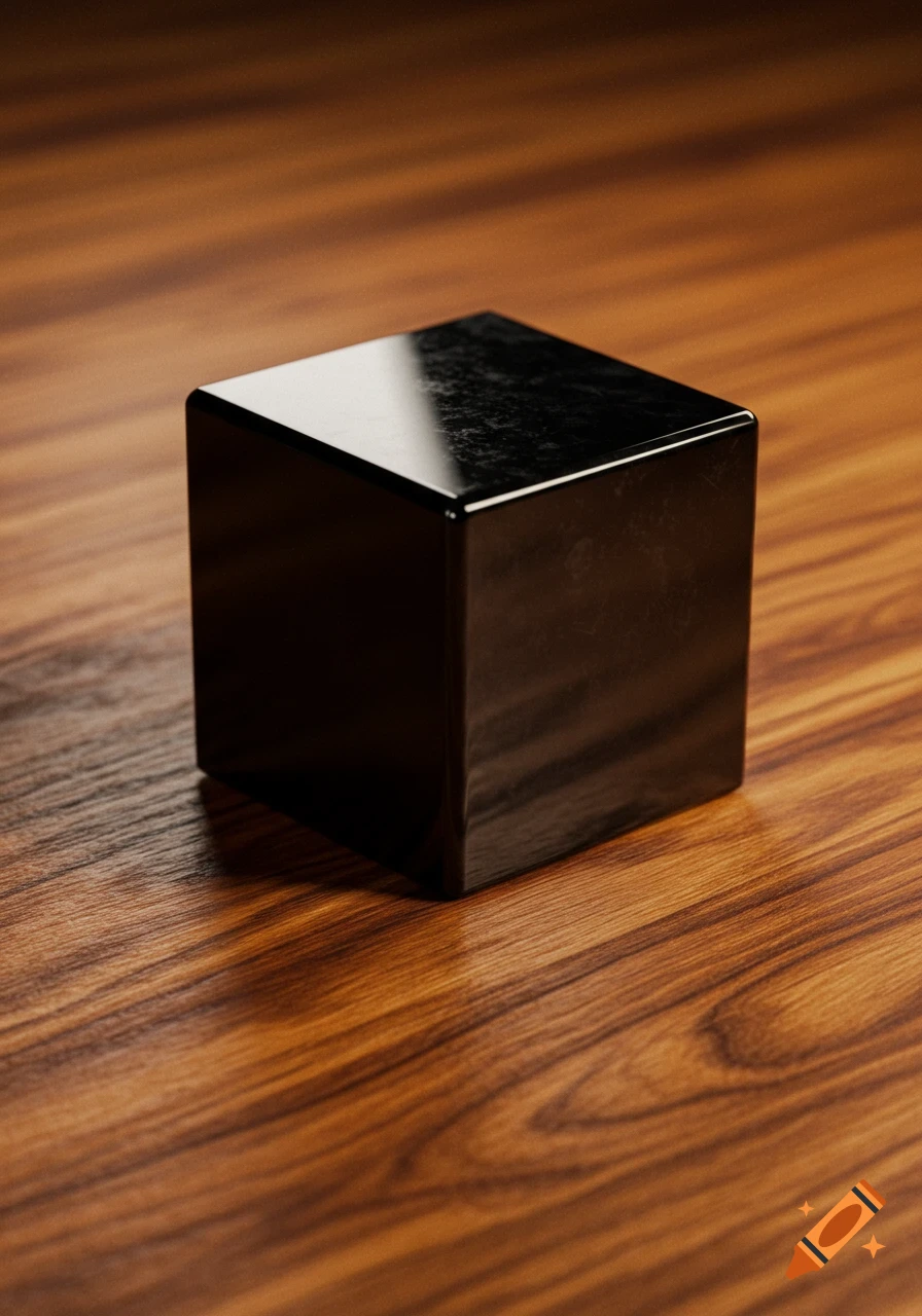 A shiny black cube with rounded edges sits on a polished wooden surface, reflecting light.