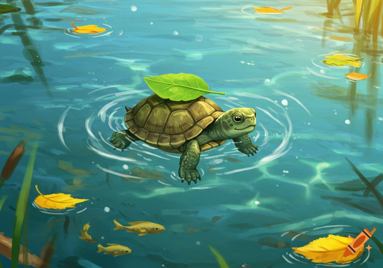 A cute green turtle with a leaf on its shell swims in a pond surrounded by yellow leaves and small fish, in a bright illustration style.
