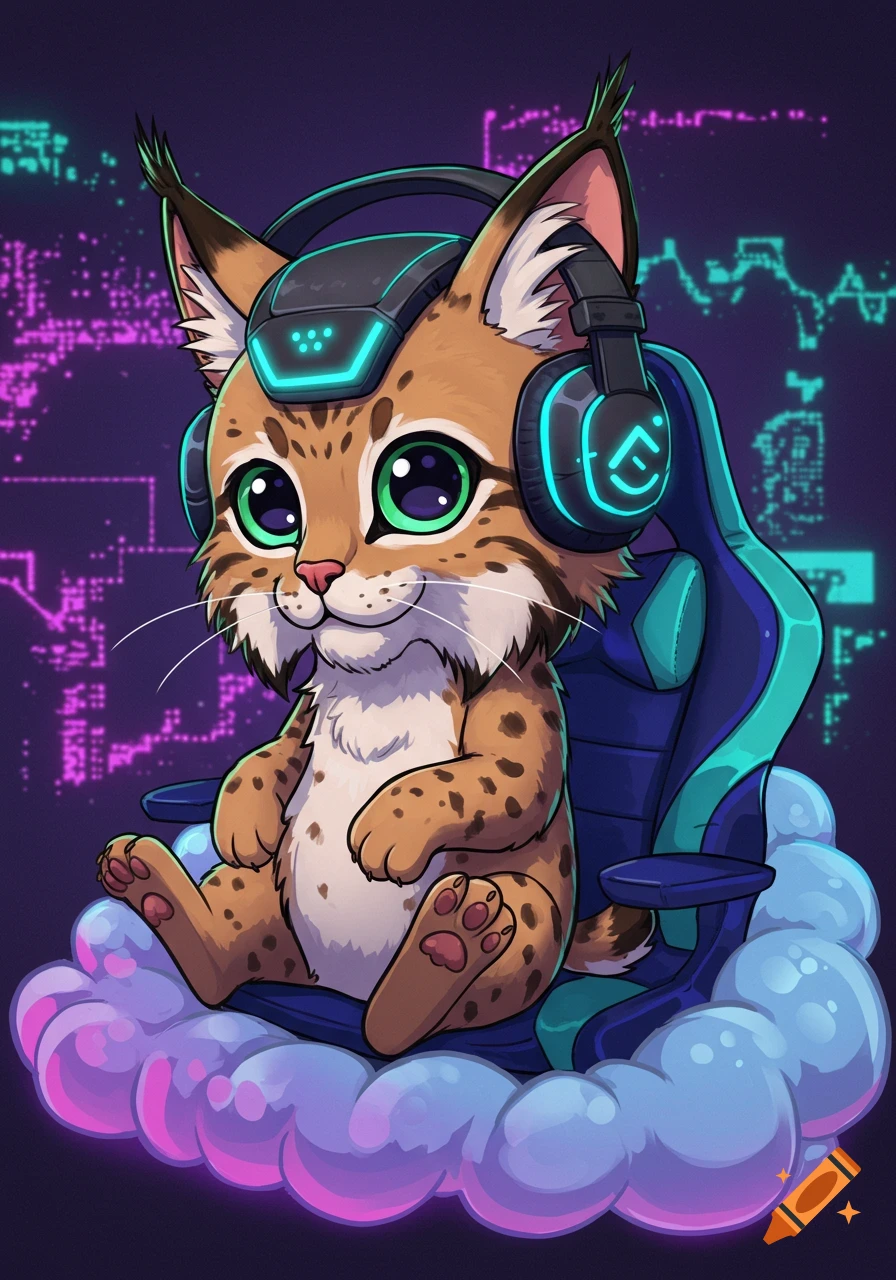 Vibrant cartoon bobcat wearing a gaming headset, sitting in a gaming chair on a cloud with a futuristic digital background.