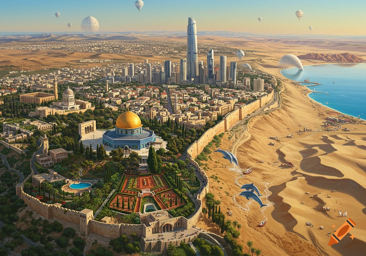 Aerial view of a fantastical cityscape blending ancient landmarks like the Dome of the Rock with modern skyscrapers, alongside a desert coastline and surreal elements.
