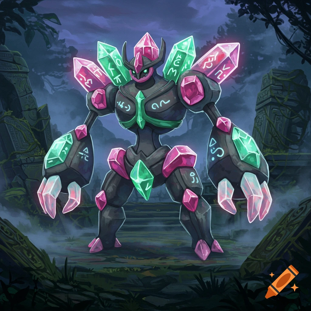 A dark, glowing crystal golem with pink and green gem accents, covered in etched glyphs, stands in overgrown ruins in an illustrative style.