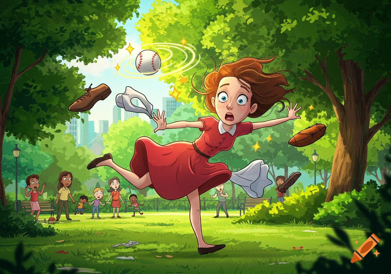 A wide-eyed cartoon woman in a red dress comically falls backward in a park, with a baseball, her shoe, and other items flying around her, as people watch in the background.