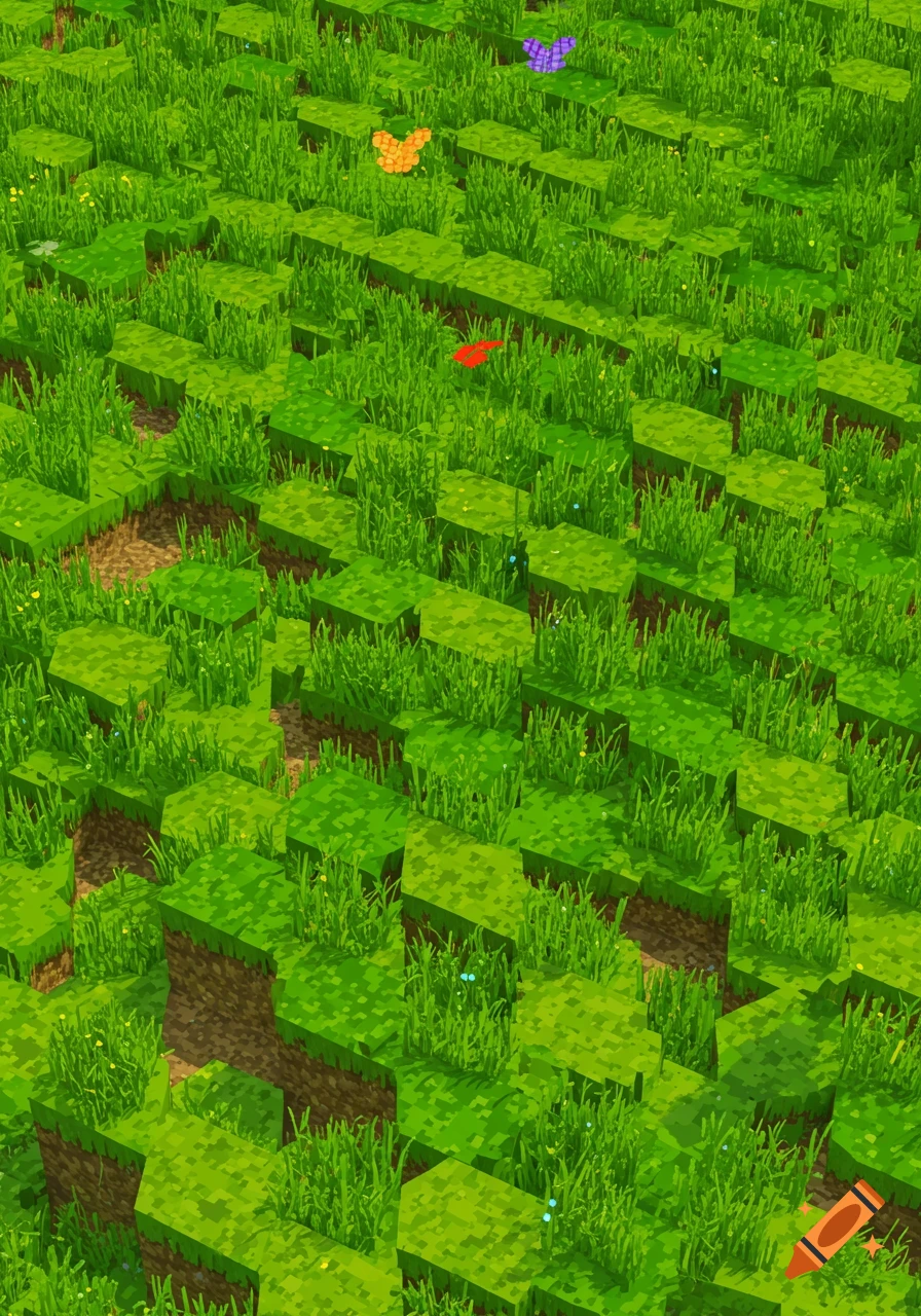 A top-down view of pixelated green grass blocks with patches of dirt and small colorful pixel butterflies.