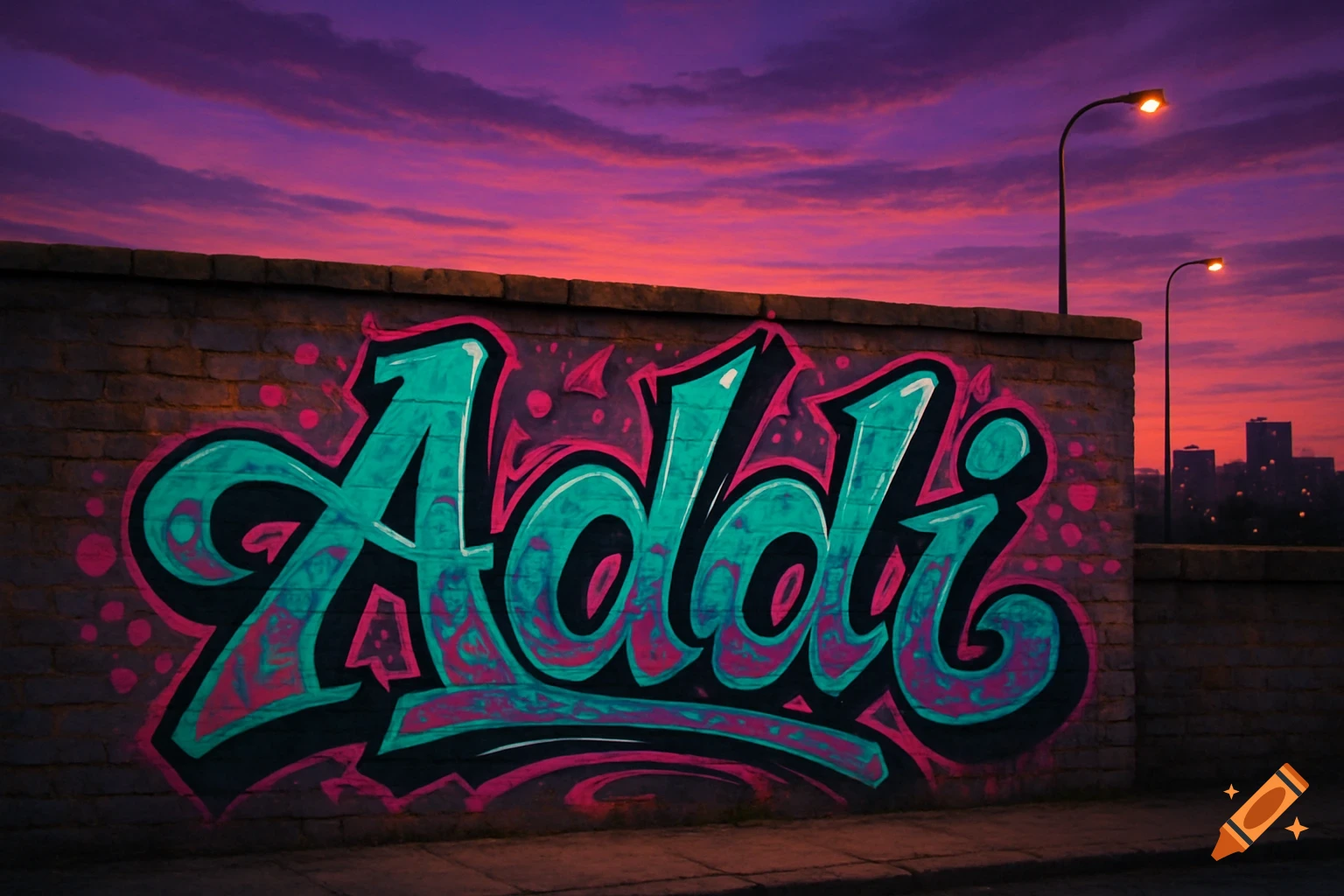 Vibrant graffiti of the name 'Addi' on a brick wall at sunset, with a city skyline.