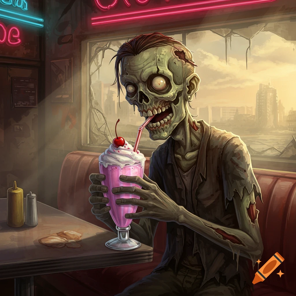 A stylized zombie sits in a retro diner, drinking a pink milkshake through a straw, with a post-apocalyptic city visible outside the window.