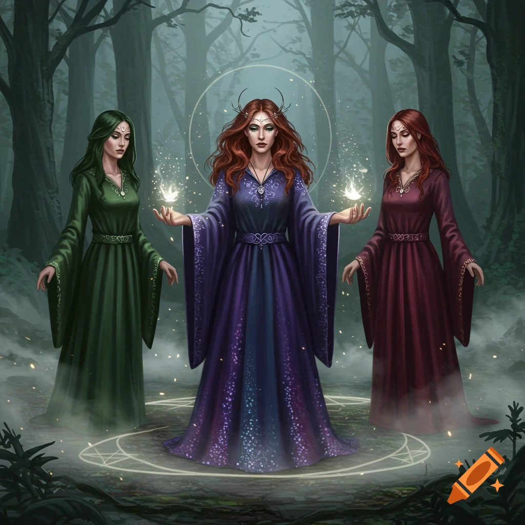 Three fantasy witches in long robes stand in a mystical forest, the central figure with glowing hands, digital illustration.