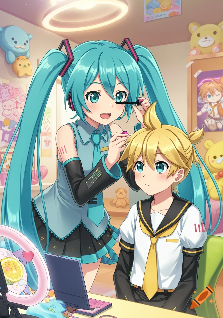 Hatsune Miku applies mascara to Kagamine Len in a cheerful anime-style bedroom.