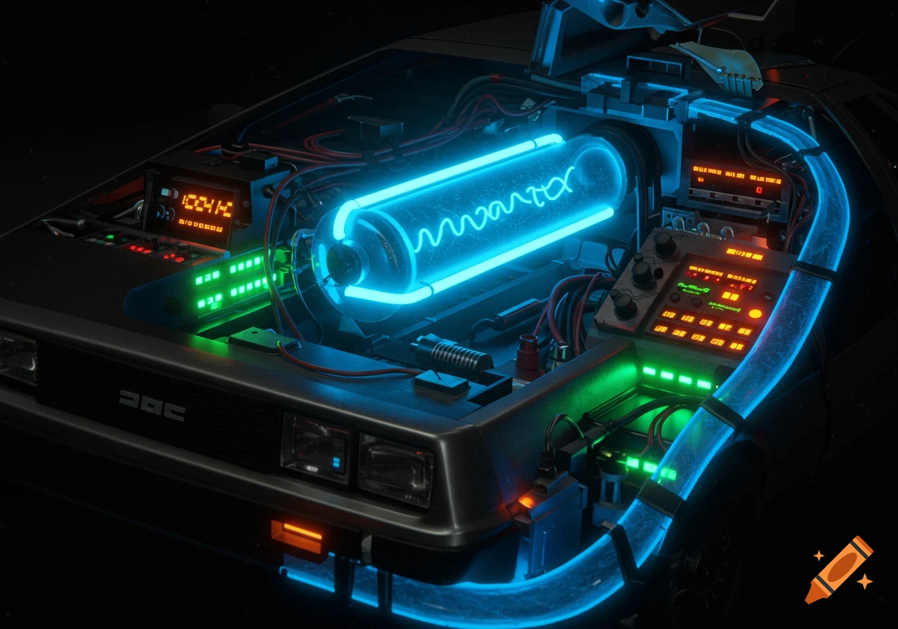 Close-up of a DeLorean's open hood revealing a glowing blue 'flexipacitor' and other neon-lit, futuristic components.