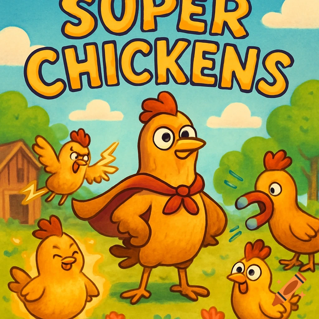 A colorful cartoon illustration for 'Super Chickens', featuring a chicken in a red cape surrounded by other chickens with various powers in a farm setting.