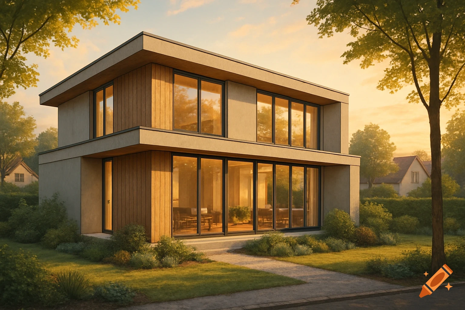 A modern two-story passive house with large windows and wooden paneling, surrounded by green grass and trees under a warm sunset sky.