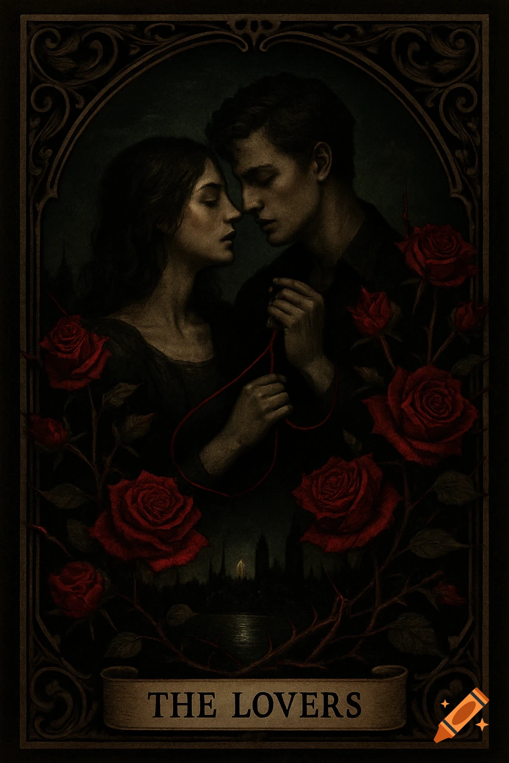 A 'The Lovers' tarot card featuring two individuals close together, holding a red thread, surrounded by red roses and thorns. Dark gothic art style.