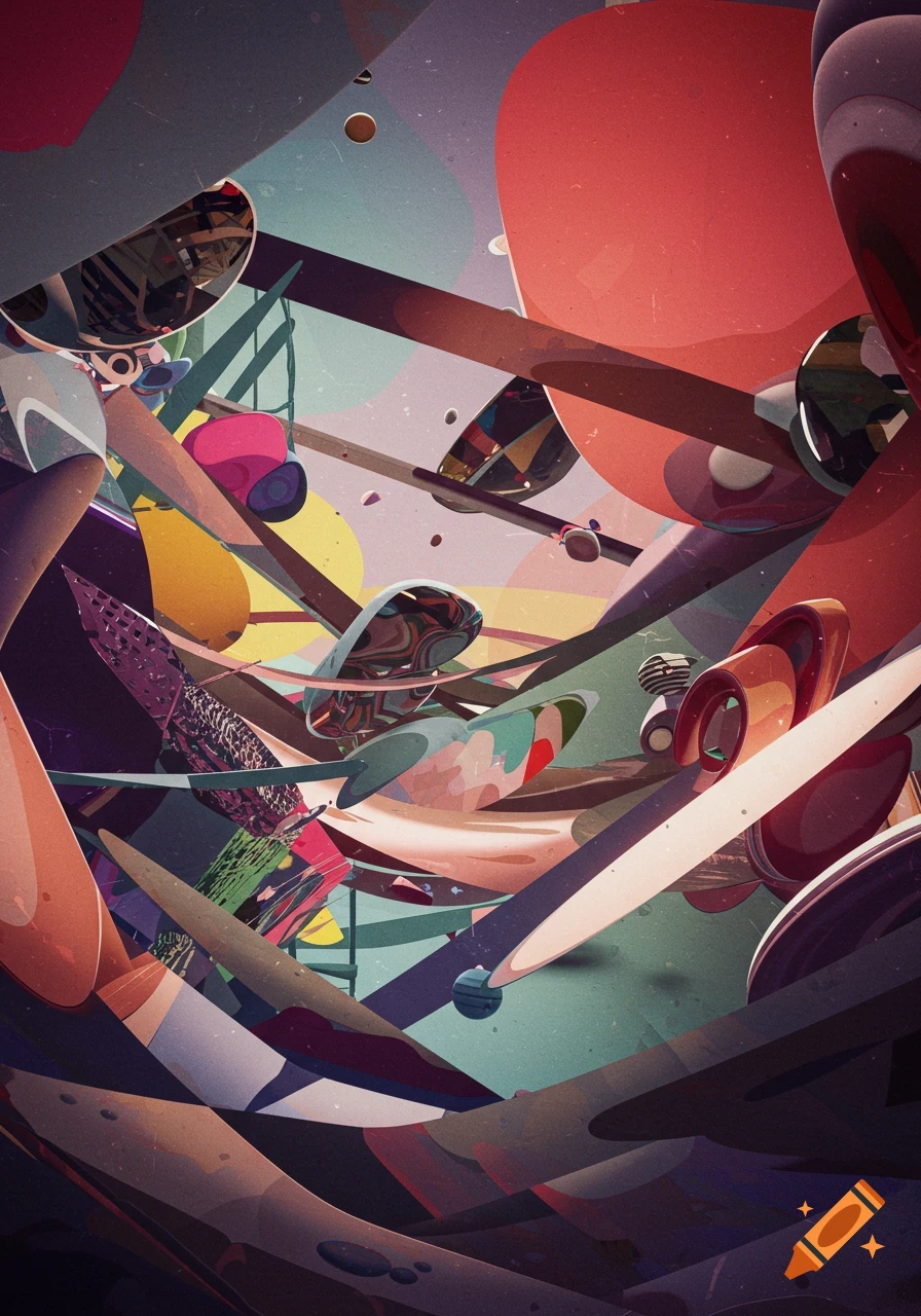 Vibrant abstract art with intertwining, flowing forms and shapes in surreal colors, creating a dynamic, dreamlike environment.