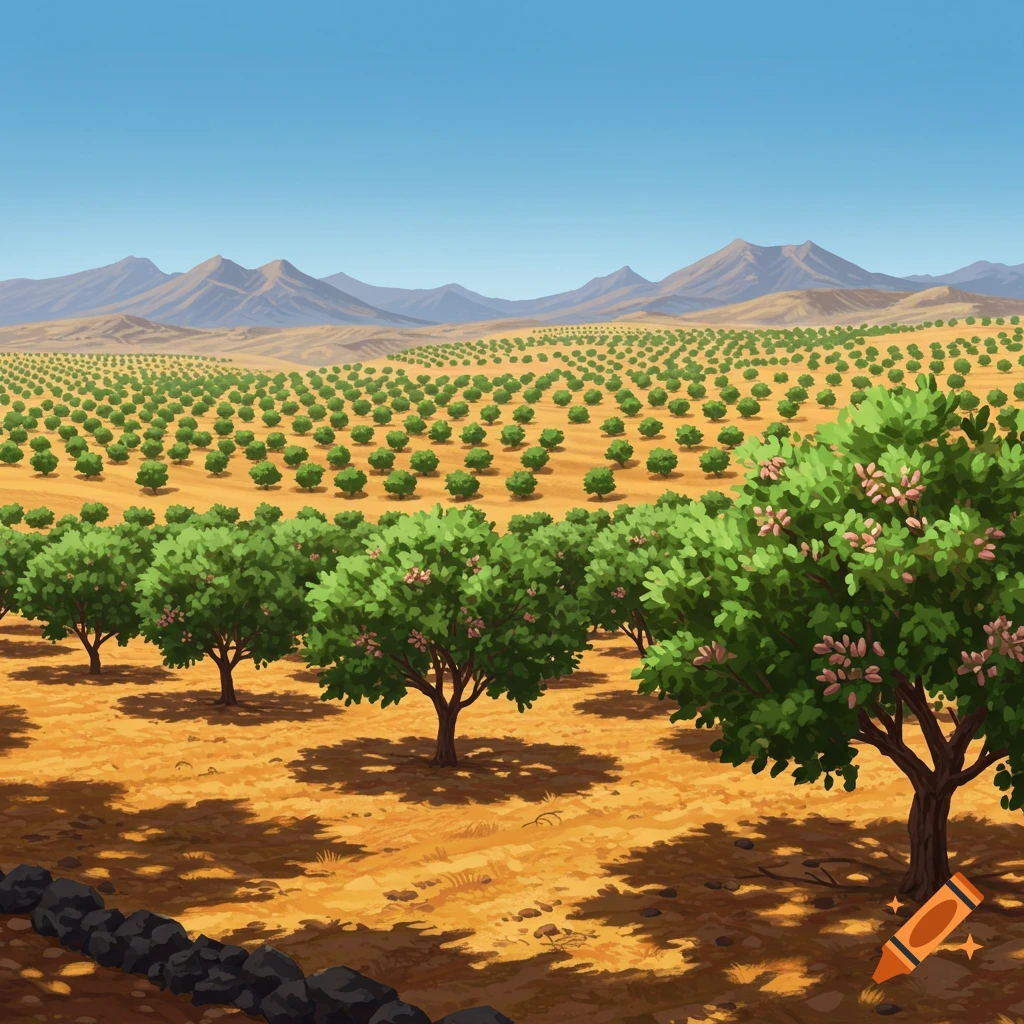 An illustrative view of a vast pistachio orchard in a dry landscape with mountains under a clear blue sky.