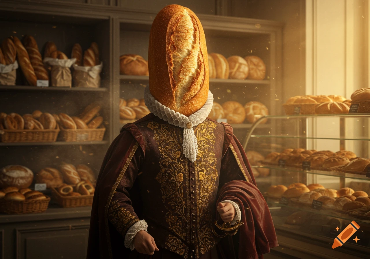 A person in elaborate historical attire with a baguette for a head stands in a rustic bakery filled with bread.