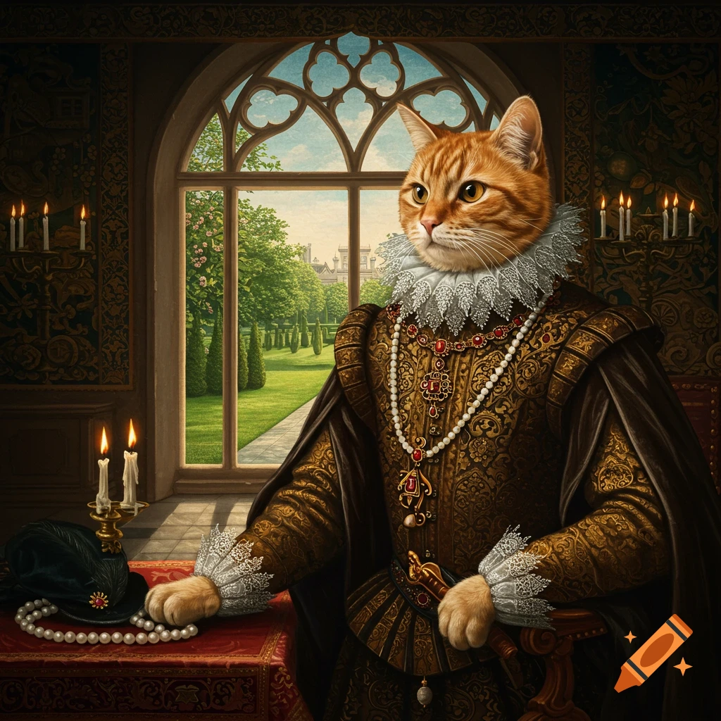 Orange tabby cat in a detailed Renaissance noble costume with a ruff and pearls, sitting by a gothic window overlooking a garden.