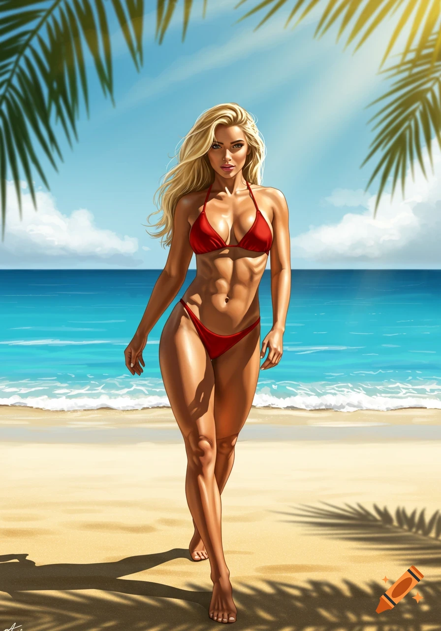 A blonde woman in a red bikini walks on a sunny beach with the ocean and palm leaves in the background, digital illustration.