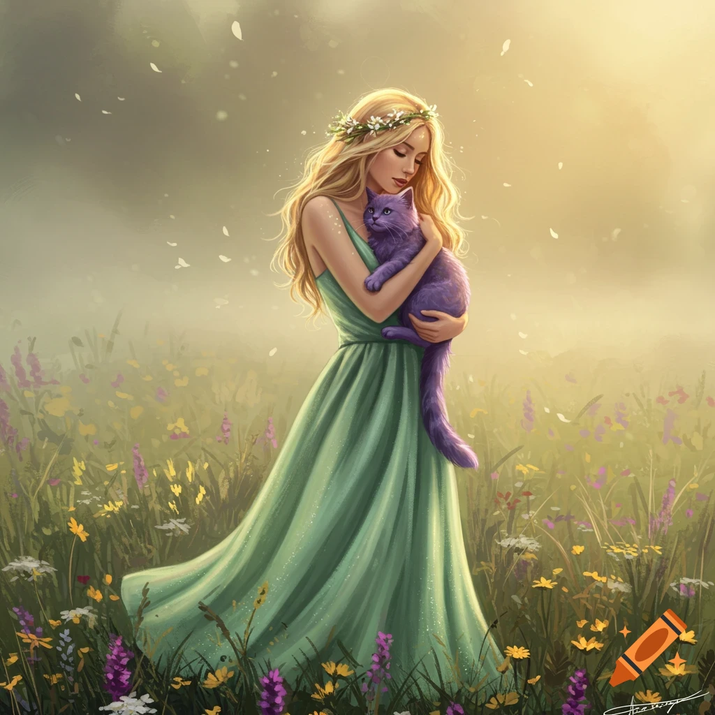 An illustrated blonde woman in a green dress holds a purple cat in a field of wildflowers.
