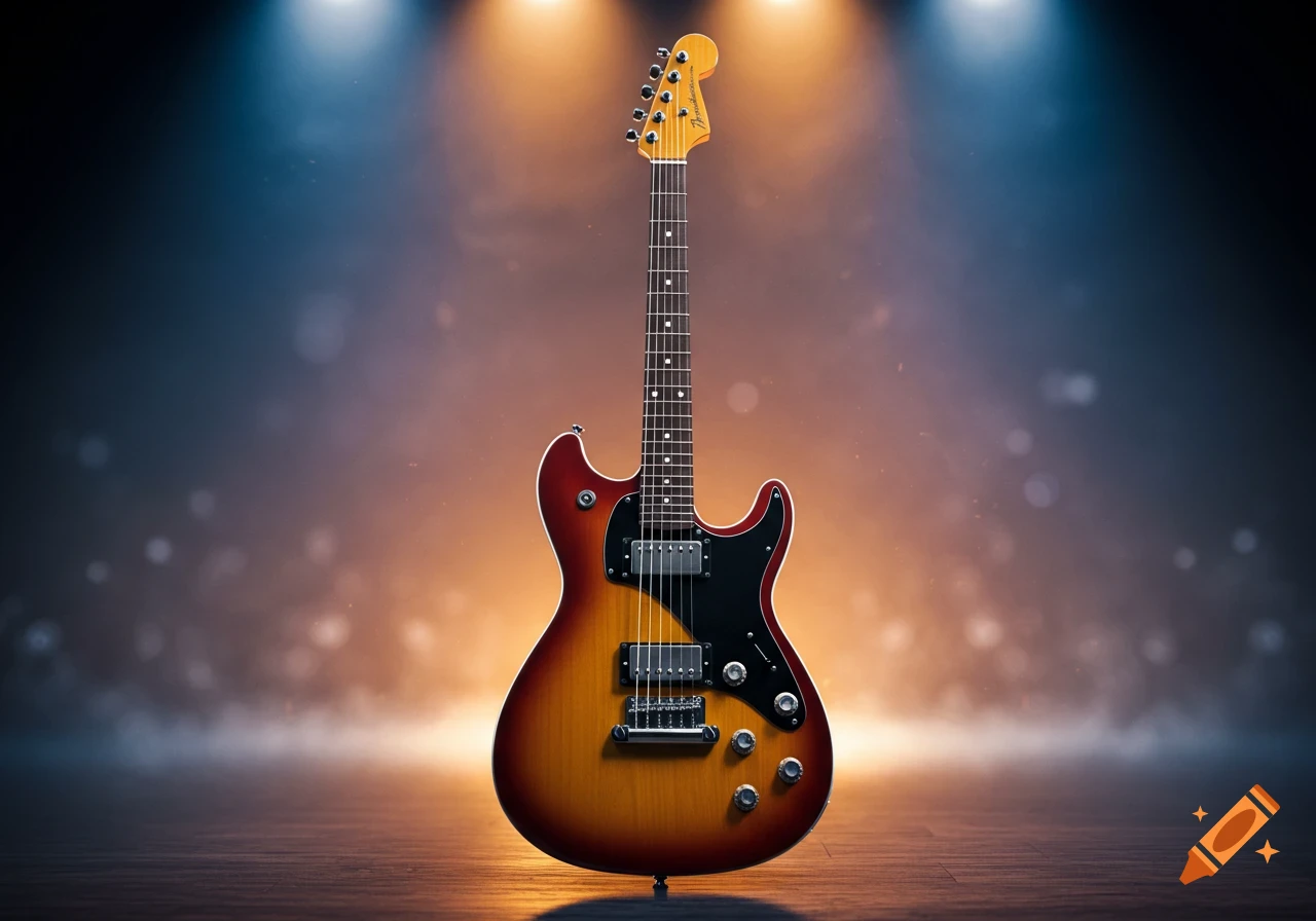 A photorealistic electric guitar with a sunburst finish stands on a stage lit by spotlights, casting a glow.