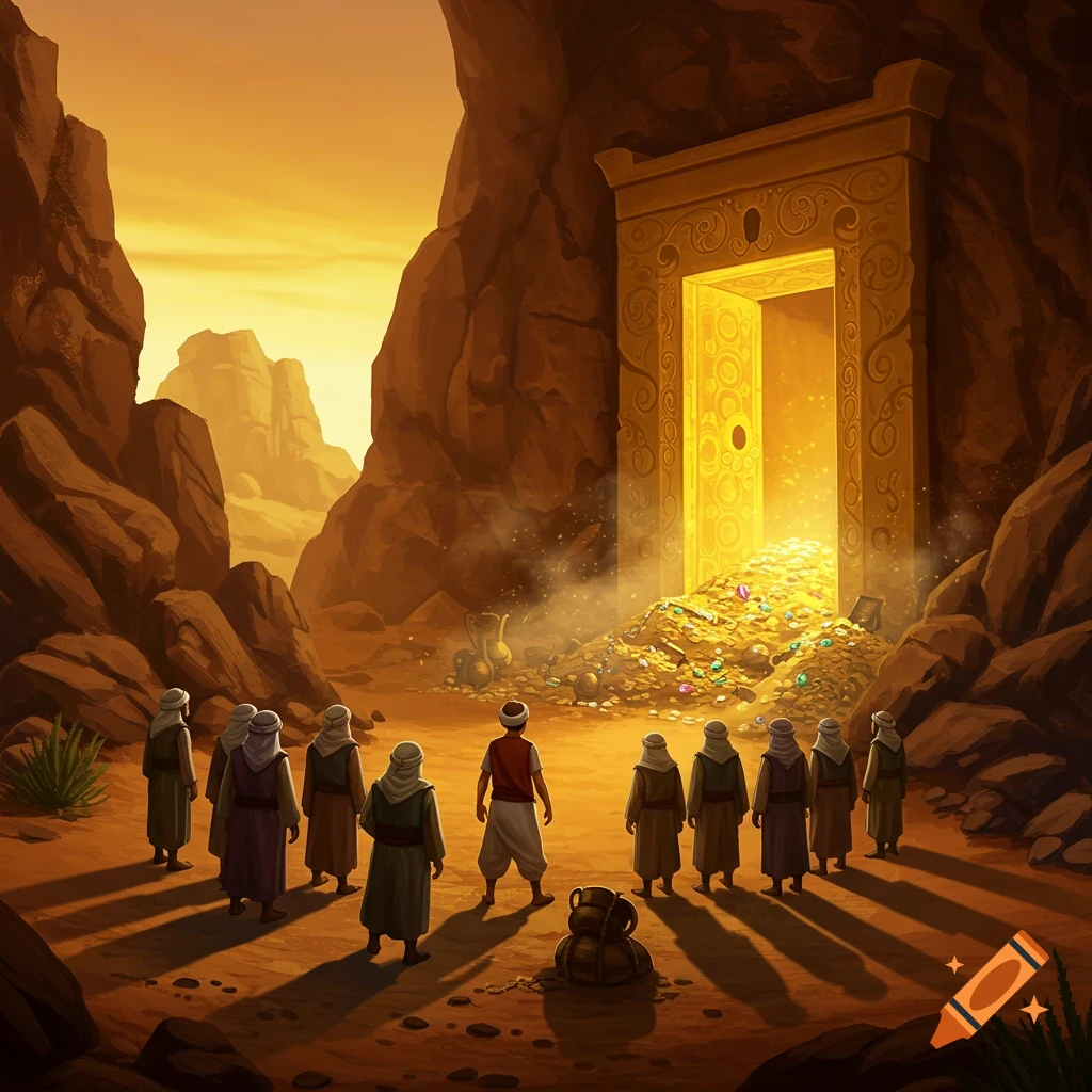 Men in desert robes stand before a glowing golden cave entrance overflowing with treasure in a rocky canyon, illustrative.