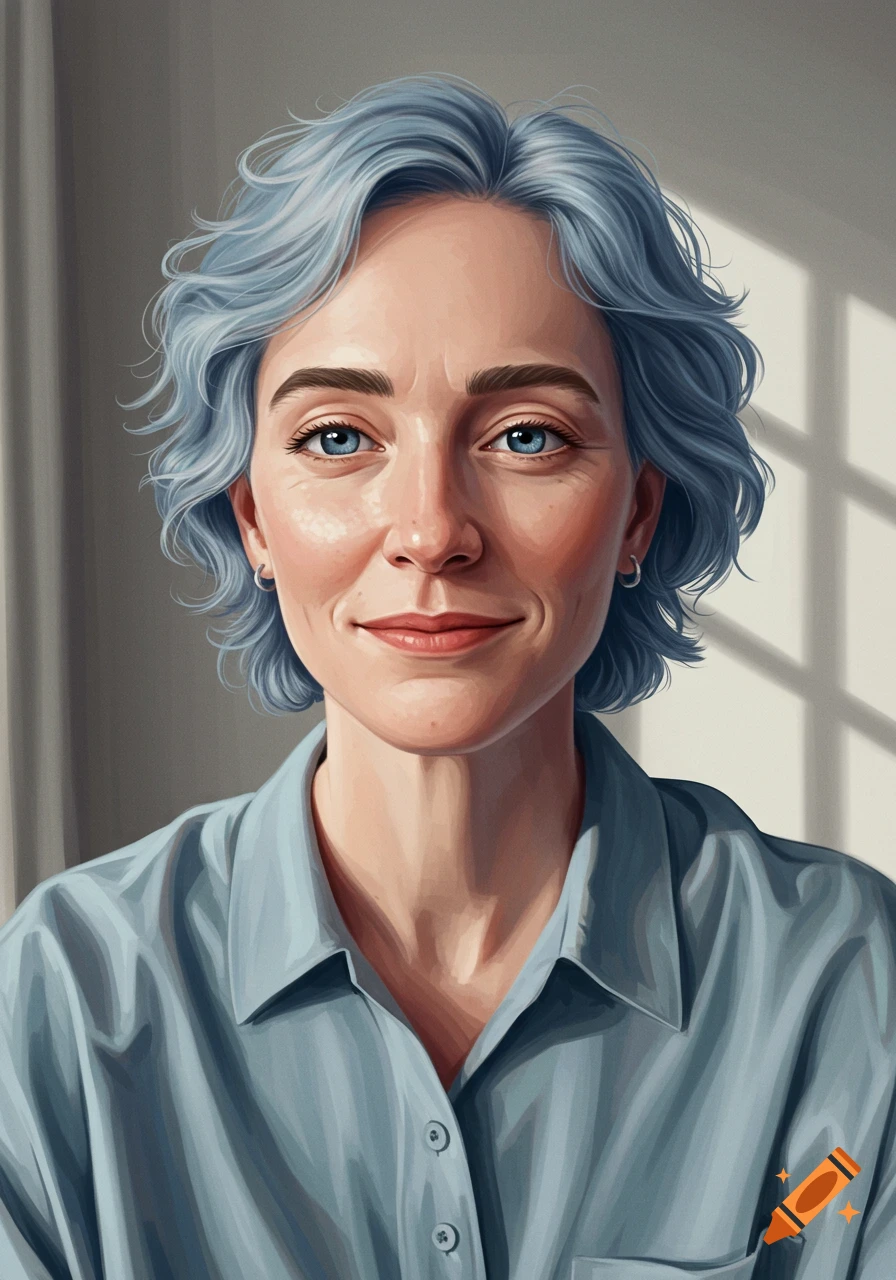 Digital painting of a smiling woman with short blue-grey hair and blue eyes, wearing a light blue collared shirt.