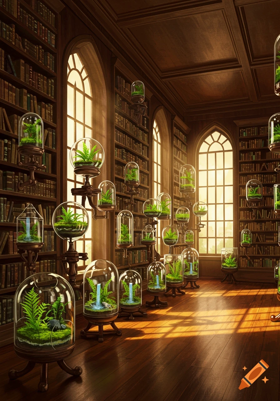 A grand, sunlit library with tall wooden bookshelves. Many ornate terrariums, some with miniature waterfalls, display green plants on stands.