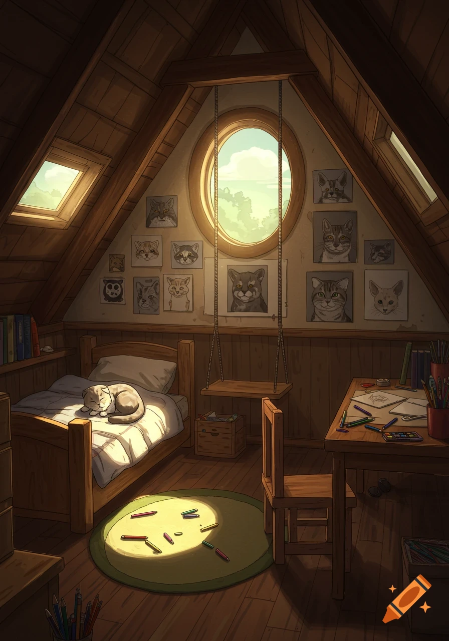 An illustration of a cozy attic room with a sleeping cat on a bed, a round window, a desk with art supplies, and animal portraits on the wall.
