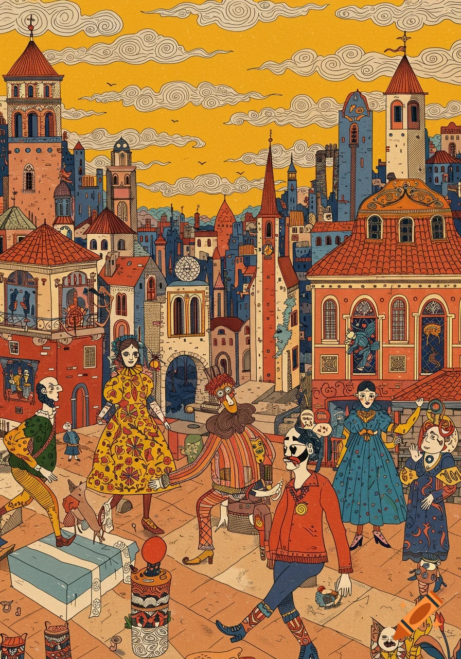 A vibrant, whimsical illustration of elaborately dressed figures bustling through a medieval-style town street under a yellow sky.