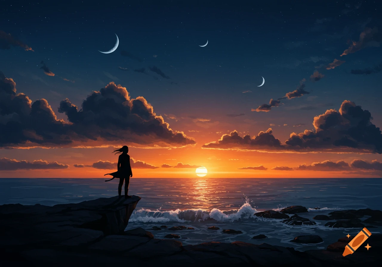 A silhouette of a person stands on a cliff overlooking a vibrant orange sunset over the ocean, with multiple crescent moons in the dark blue sky.