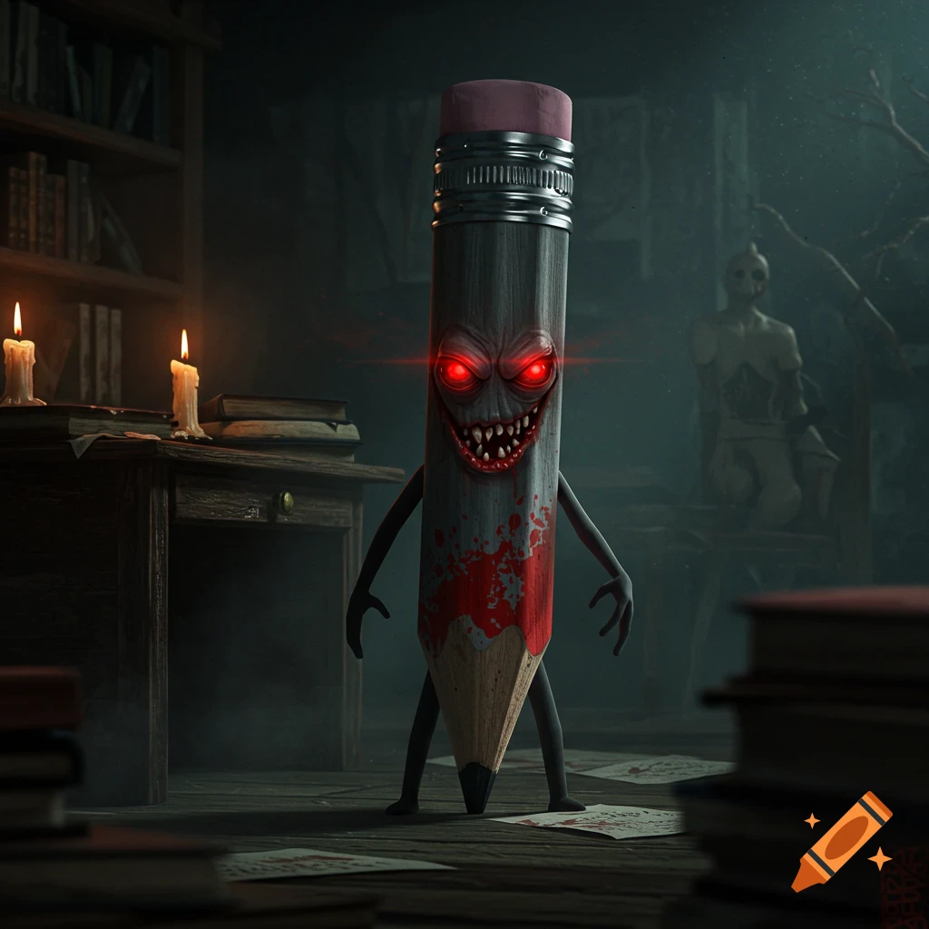 A scary, blood-splattered pencil with glowing red eyes and sharp teeth stands in a dark, candlelit room with books and scattered papers.