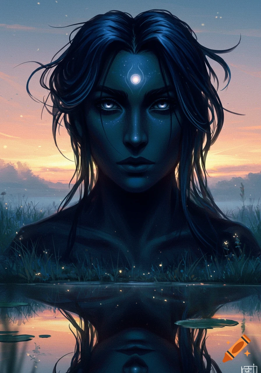 Mysterious dark-skinned woman with glowing eyes and forehead symbol, emerging from water and grass, reflected in a fantasy sunset.