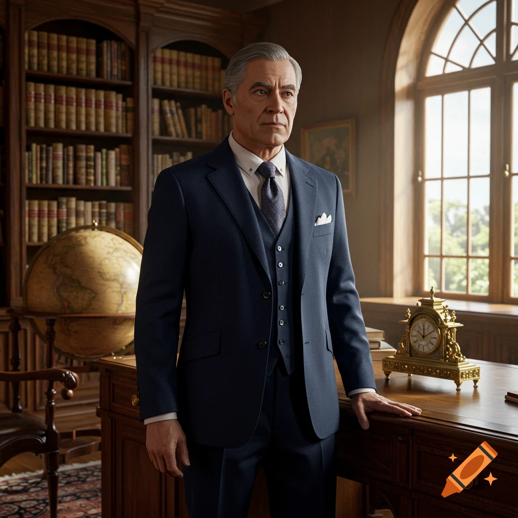 A photorealistic portrait of an older man in a navy suit and tie, standing in a wood-paneled library.