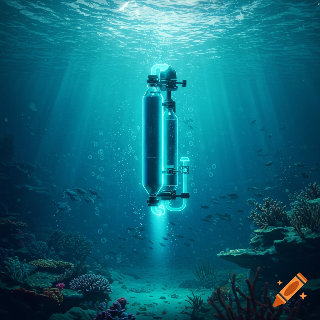 A futuristic blue glowing cylindrical device on the ocean floor, surrounded by fish and coral, with light rays from the surface.