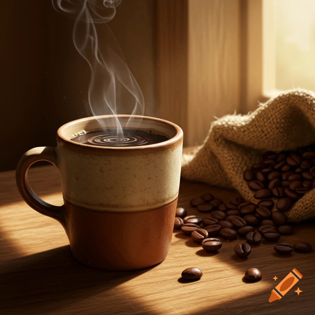 A steaming mug of coffee sits on a wooden table next to a burlap sack overflowing with coffee beans, bathed in warm window light.