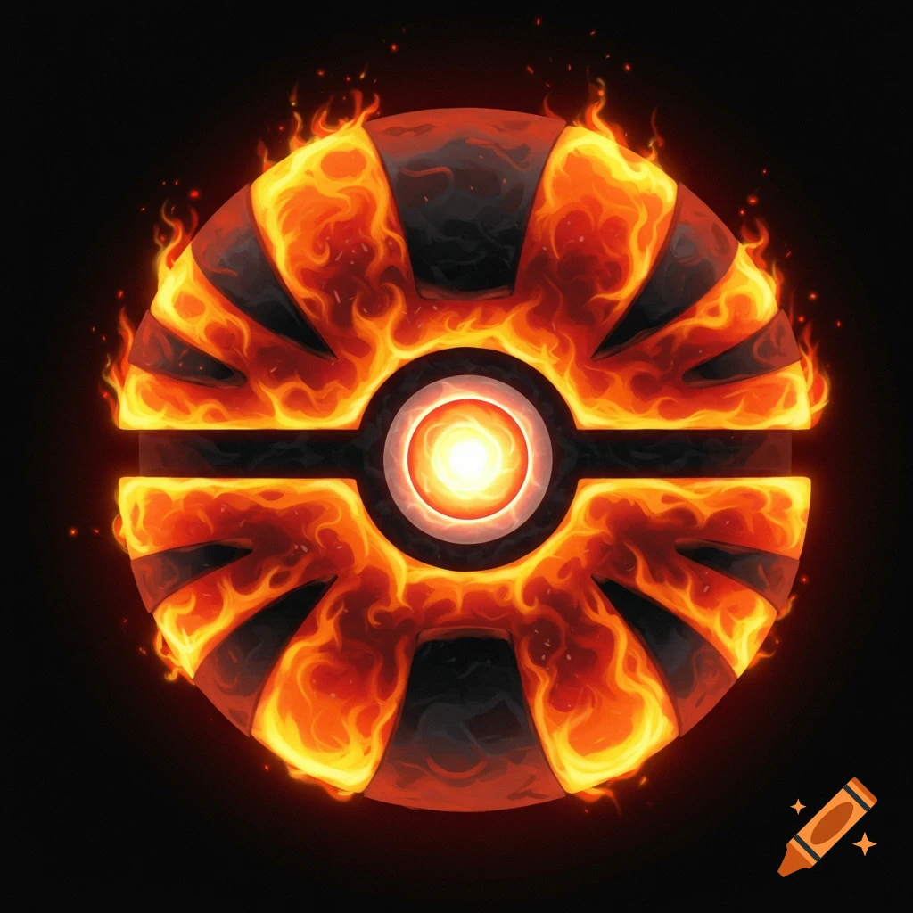 A stylized Pokeball icon, glowing with orange and red flames against a dark background, representing the fire type.