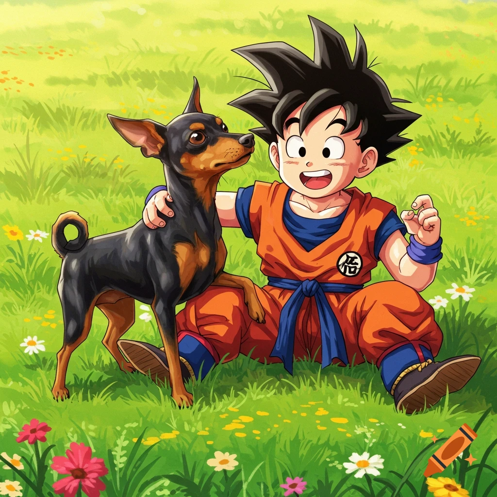 Anime illustration of child Goku sitting in a grassy field, arm around a black and tan Pinscher dog looking up at him.