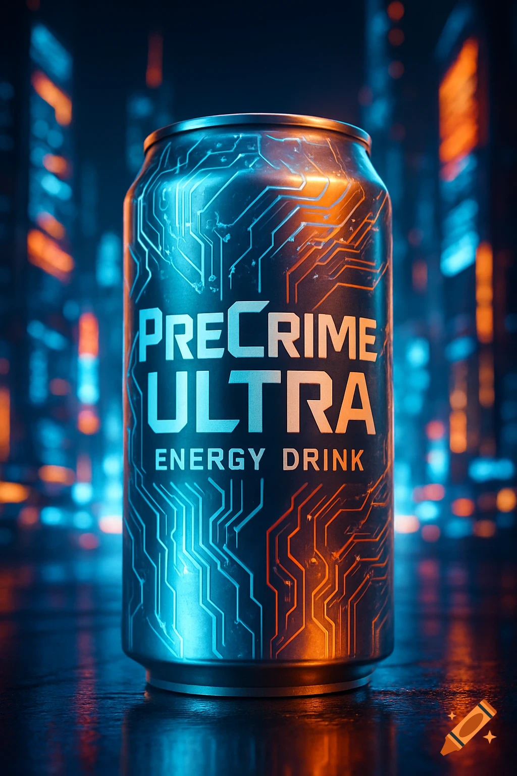 A photorealistic, futuristic black energy drink can with glowing blue and orange circuit patterns, labeled 'PRECRIME ULTRA ENERGY DRINK', against a blurred neon cityscape background.